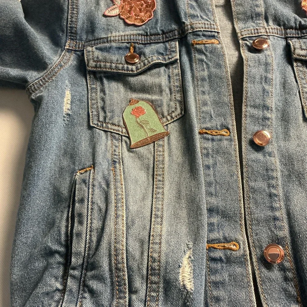 Disney Belle Beauty & The Beast Girls Distressed Denim Jacket 11-12 Sequins